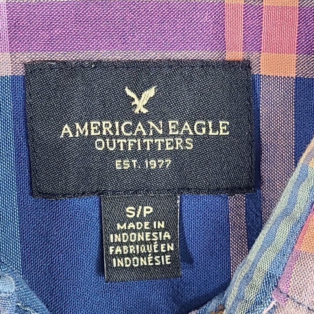 American Eagle Navy Blue Plaid Long Sleeve Worn in Look Button Up Shirt - Picture 5 of 6